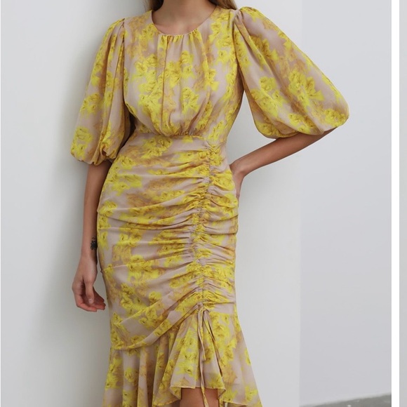 YELLOW BLOSSOM DRAWSTRING ASYMMETRIC RUFFLE MIDI DRESS - Picture 7 of 7